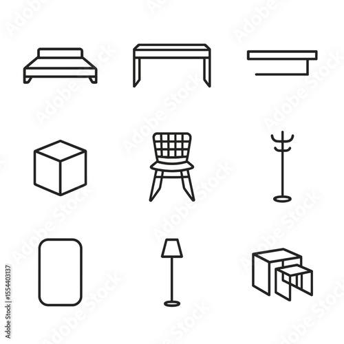 Minimalist Furniture Icons. Outline icon set of Minimalist Furniture Collection: low-profile platform bed, sleek console table,