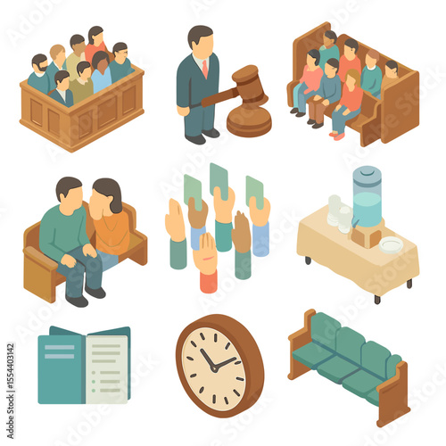 Jury Courtroom Icon Set. Isometric Flat icon set of Jury and Courtroom Audience: jury box, jury foreperson gavel, audience benches