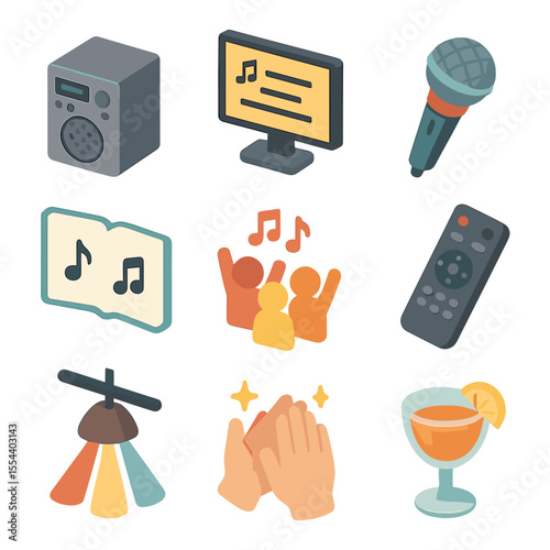 Karaoke Therapy Icons. Isometric Flat icon set of karaoke therapy sessions: karaoke machine, screen with lyrics, karaoke