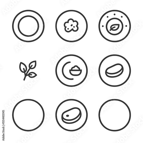 Minimalist Plate Icons. Outline icon set of Plating with Negative Space: empty plate border, central food cluster, minimalist