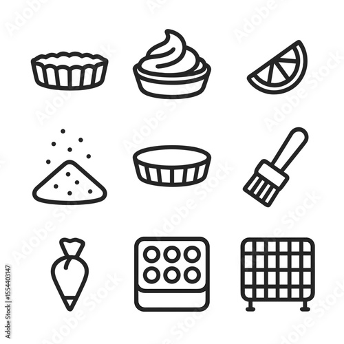 Mini Tarts Icons. Outline icon set of mini tarts: tart shell, custard filling, fruit slice, powdered sugar, tart pan, pastry brush
