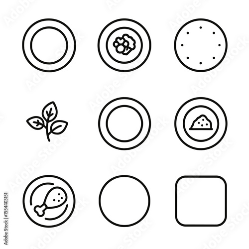 Minimalist Plate Icons. Outline icon set of Plating with Negative Space: empty plate border, central food cluster, minimalist
