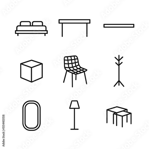 Minimalist Furniture Icons. Outline icon set of Minimalist Furniture Collection: low-profile platform bed, sleek console table,