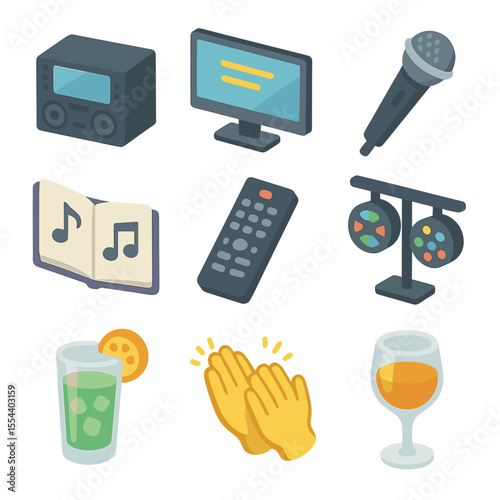 Karaoke Therapy Icons. Isometric Flat icon set of karaoke therapy sessions: karaoke machine, screen with lyrics, karaoke