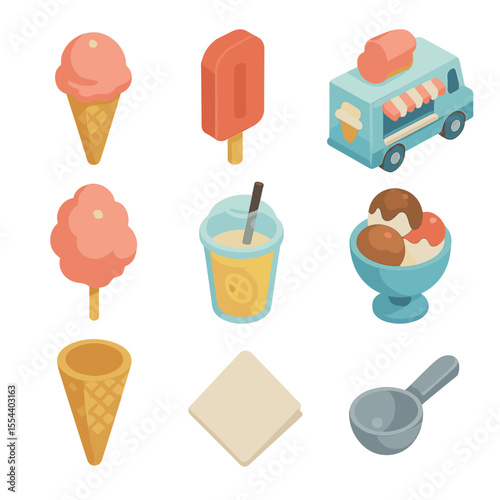 Kids' Treats Icon Set. Isometric Flat icon set of kids enjoying ice cream and snacks: ice cream cone, popsicle, ice cream truck,