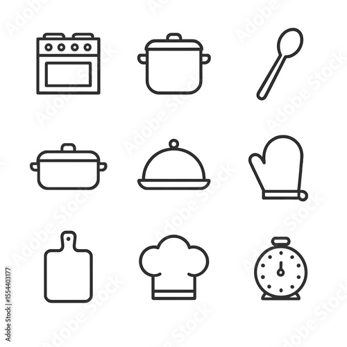 Kitchen Icon Set. Outline icon set of kitchen to table flow: stove, pot, serving spoon, casserole dish, serving tray, oven mitt,