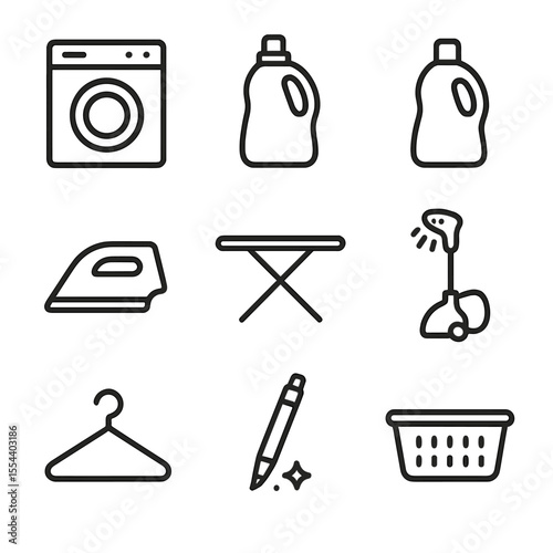Laundry Icon Set. Outline icon set of Laundry and Fabric Care: washing machine, laundry detergent bottle, fabric softener, iron,