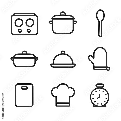 Kitchen Icon Set. Outline icon set of kitchen to table flow: stove, pot, serving spoon, casserole dish, serving tray, oven mitt,