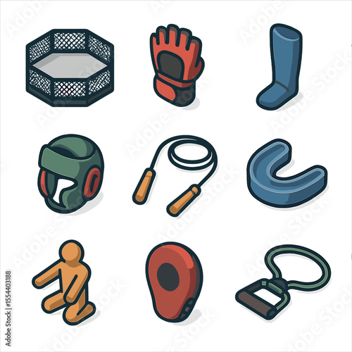 MMA Gear Icons. Isometric Flat icon set of MMA gloves: octagon cage, fingerless MMA glove, shin guard, headgear, jump rope,