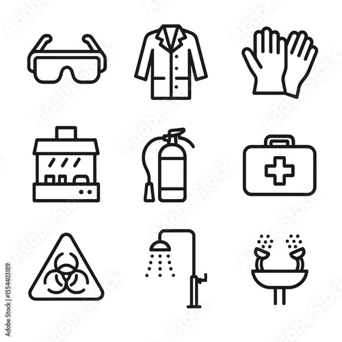 Lab Safety Icons Grid. Outline icon set of Laboratory Safety Protocols: safety goggles, lab coat, gloves, fume hood, fire