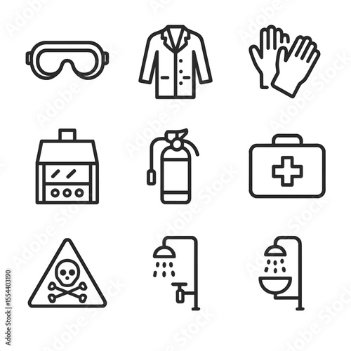 Lab Safety Icons Grid. Outline icon set of Laboratory Safety Protocols: safety goggles, lab coat, gloves, fume hood, fire