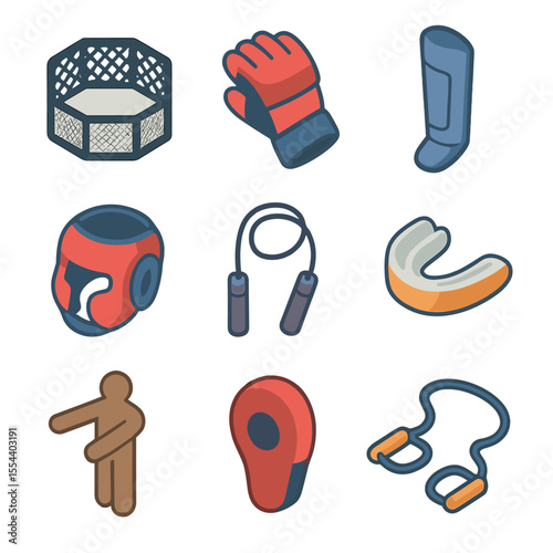 MMA Gear Icons. Isometric Flat icon set of MMA gloves: octagon cage, fingerless MMA glove, shin guard, headgear, jump rope,