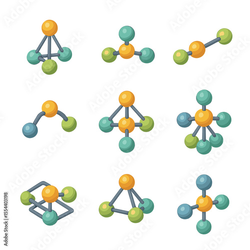 Molecular Geometry Icons. Isometric Flat icon set of molecular geometry shapes: tetrahedral shape, trigonal planar shape, linear