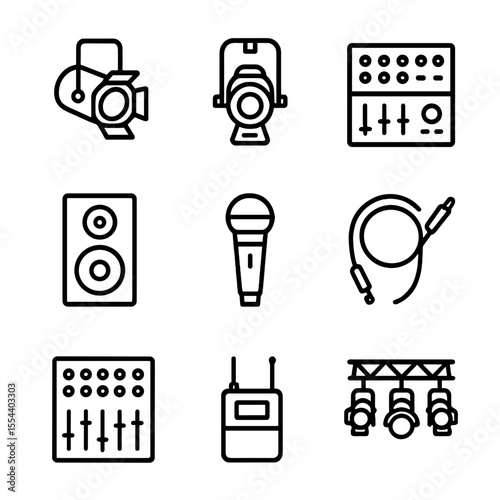 Lighting and Sound Icons. Outline icon set of lighting and sound equipment: spotlight, stage light, mixer console, speaker,