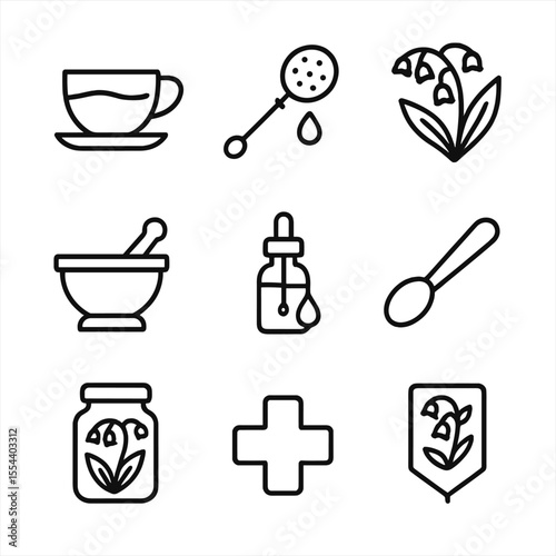 Lily Valley Tea Icons. Outline icon set of Medicinal and Tea Uses of Lily of the Valley: tea cup, tea strainer, herb sprig, mortar
