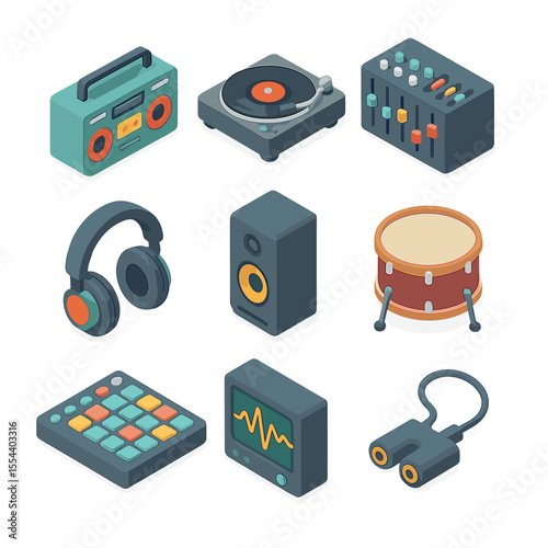 Music Icon Set. Isometric Flat icon set of music and beats: boom box, turntable with vinyl, audio mixer, over-ear headphones,