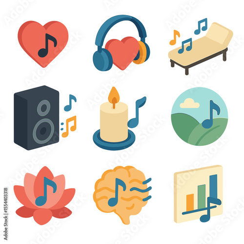 Music Therapy Icons. Isometric Flat icon set of music therapy: heart shape with note, headphones around heart, therapy couch with