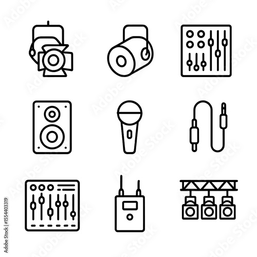 Lighting and Sound Icons. Outline icon set of lighting and sound equipment: spotlight, stage light, mixer console, speaker,