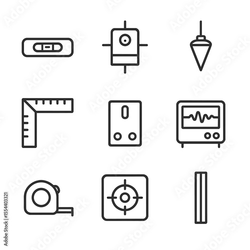 Leveling Tool Icons. Outline icon set of leveling and alignment aids: bubble level, laser level, plumb bob, square ruler, spacer