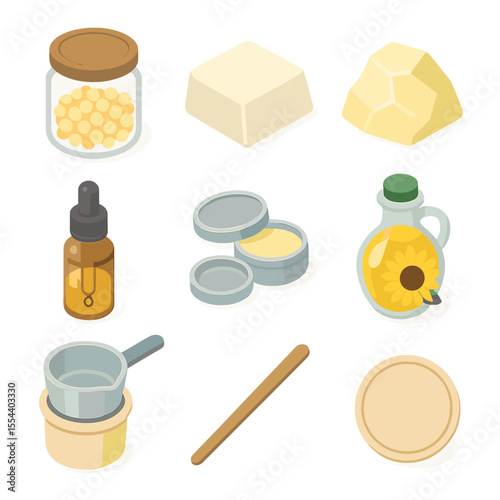 Lip Balm DIY Icons. Isometric Flat icon set of lip balm and salve making: beeswax pellets jar, shea butter block, cocoa butter