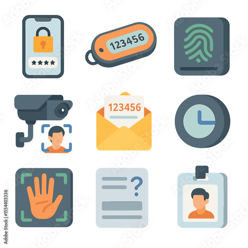 Multi-Factor Authentication Icons. Isometric Flat icon set of multi-factor authentication: smartphone OTP screen, hardware token