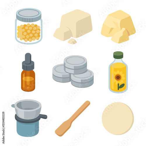 Lip Balm DIY Icons. Isometric Flat icon set of lip balm and salve making: beeswax pellets jar, shea butter block, cocoa butter