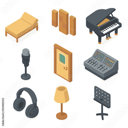 Music Therapy Studio Icons. Isometric Flat icon set of music therapy studio setup: therapy couch, acoustic panels, grand piano,