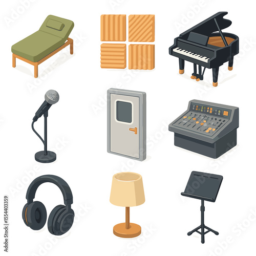 Music Therapy Studio Icons. Isometric Flat icon set of music therapy studio setup: therapy couch, acoustic panels, grand piano,