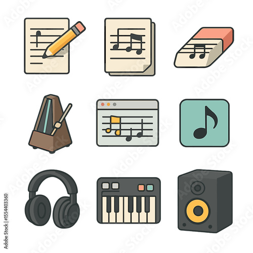 Music Tools Icons. Isometric Flat icon set of composing tools: pencil on music paper, music manuscript sheet, eraser with staff,