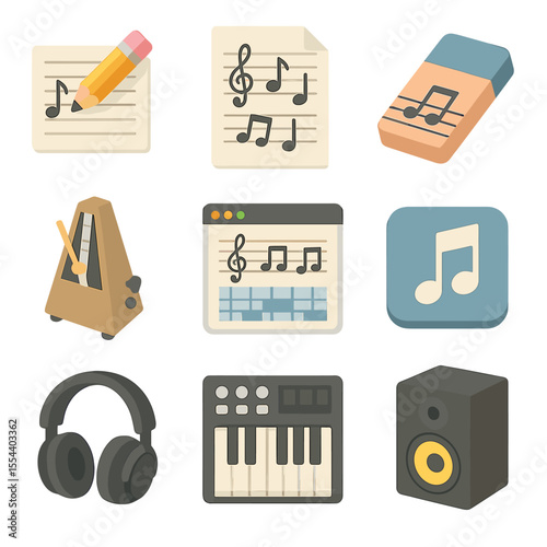 Music Tools Icons. Isometric Flat icon set of composing tools: pencil on music paper, music manuscript sheet, eraser with staff,