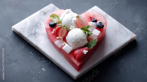 The marble board features an assortment of heart watermelon bowls, each containing red watermelon cubes and yellow melon balls, with a sprinkling of blueberries and pomegranate seeds, all set against
