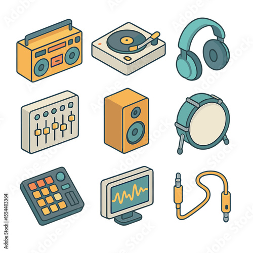 Music Icon Set. Isometric Flat icon set of music and beats: boom box, turntable with vinyl, audio mixer, over-ear headphones,