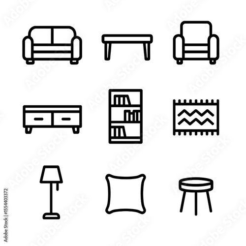 Living Room Icons. Outline icon set of living room furniture: sofa, coffee table, armchair, TV stand, bookshelf, rug, floor lamp,