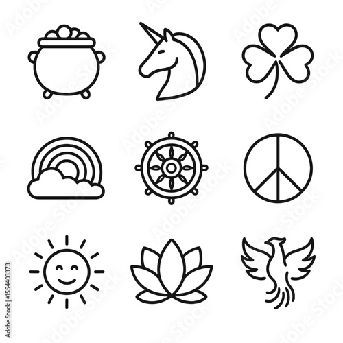 Mythic Symbol Icons. Outline icon set of rainbow cultural and mythic symbols: pot of gold, unicorn silhouette, Irish clover,
