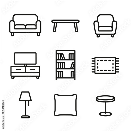Living Room Icons. Outline icon set of living room furniture: sofa, coffee table, armchair, TV stand, bookshelf, rug, floor lamp,