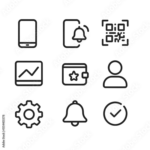 Loyalty App Icon Set. Outline icon set of loyalty app functionalities: mobile app icon, push alert, QR code scanner, dashboard