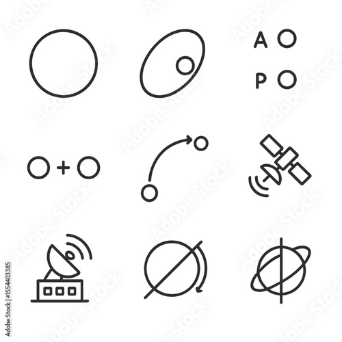 Lunar Orbit Icon Set. Outline icon set of Lunar Orbit and Satellites: circular orbit path, elliptical orbit path, apogee marker,