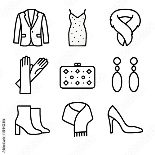 Luxury Winter Outfits. Outline icon set of luxury winter evening outfits: velvet blazer, sequin cocktail dress, faux fur stole,