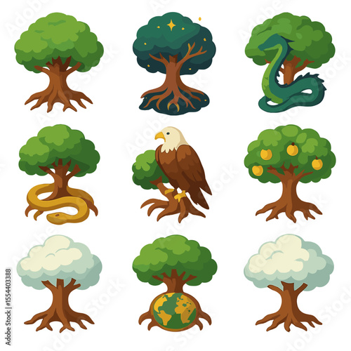 Mythical World Tree Icons. Isometric Flat icon set of mythological world trees: majestic Yggdrasil, cosmic roots, glowing branches
