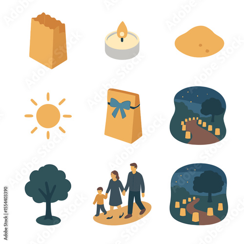 Luminary Pathway Icons. Isometric Flat icon set of paper luminary pathway: paper bag luminary, tealight candle, sand base, glow