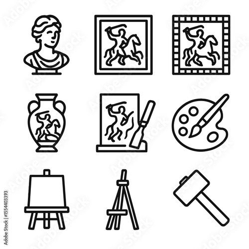 Mythological Icon Set. Outline icon set of mythological motifs in art: sculpture bust, fresco panel, mosaic tile, vase painting