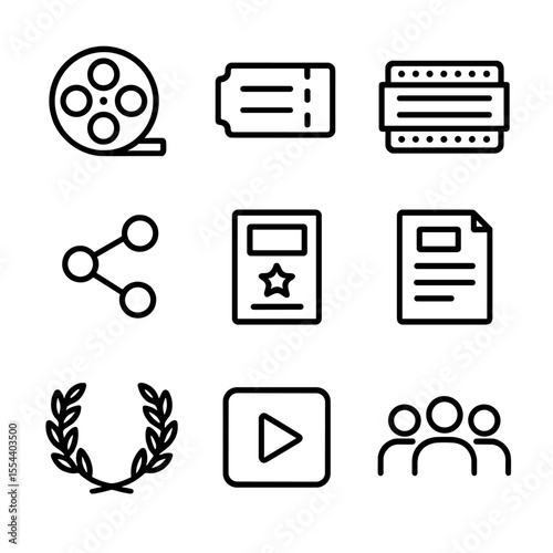 Marketing Icons Set. Outline icon set of Distribution and Marketing: film reel, screening ticket, theater marquee, social media