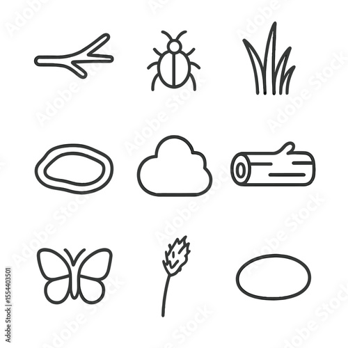Natural Poultry Habitat Icons. Outline icon set of natural poultry habitat: tree branch perch, insect icon, tall grass clump, pond