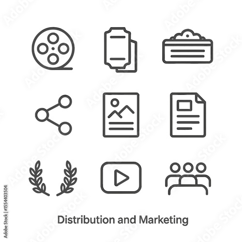 Marketing Icons Set. Outline icon set of Distribution and Marketing: film reel, screening ticket, theater marquee, social media