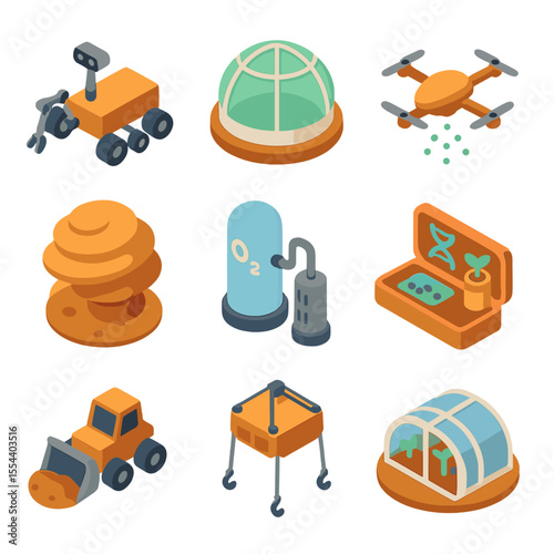 Martian Tourism Icons. Isometric Flat icon set of Martian tourism concepts: Mars rover, green habitat dome, terraforming drone,