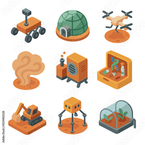 Martian Tourism Icons. Isometric Flat icon set of Martian tourism concepts: Mars rover, green habitat dome, terraforming drone,