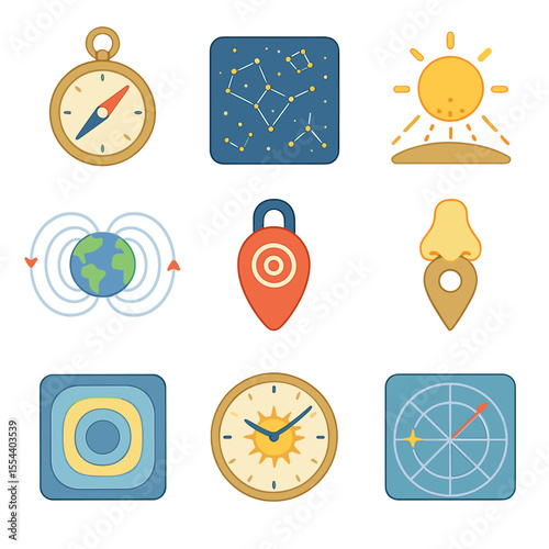 Navigation Tools Icons. Isometric Flat icon set of navigation tools and mechanisms: magnetic compass, star map, sun position,