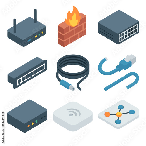 Network Icon Set. Isometric Flat icon set of network infrastructure: router, firewall, core switch, patch panel, fiber optic cable