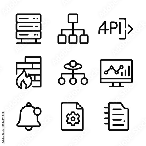 Network Automation Icons. Outline icon set of network automation: server rack, network topology map, API integration icon,