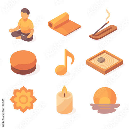 Meditation Icon Set. Isometric Flat icon set of meditation at sunset: lotus position figure, yoga mat, incense burner, meditation